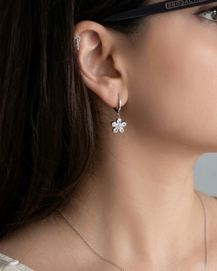 Flower Drop Silver Earrings