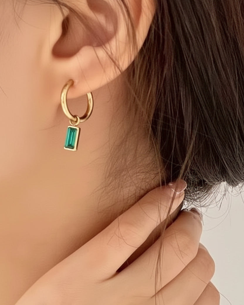 Emerald Baguette Drop Hoops