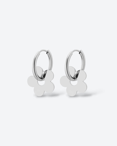 Flower Charm Hoops - Silver
